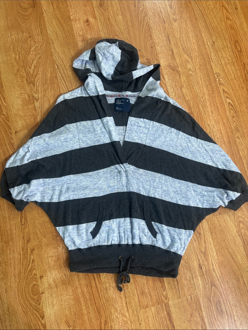 American Eagle Outfitters Striped Hooded Sweater - Black & Light Gray